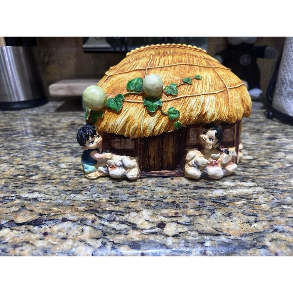 Vintage Boy and Girl Hut House Kids Plastic Savings Bank